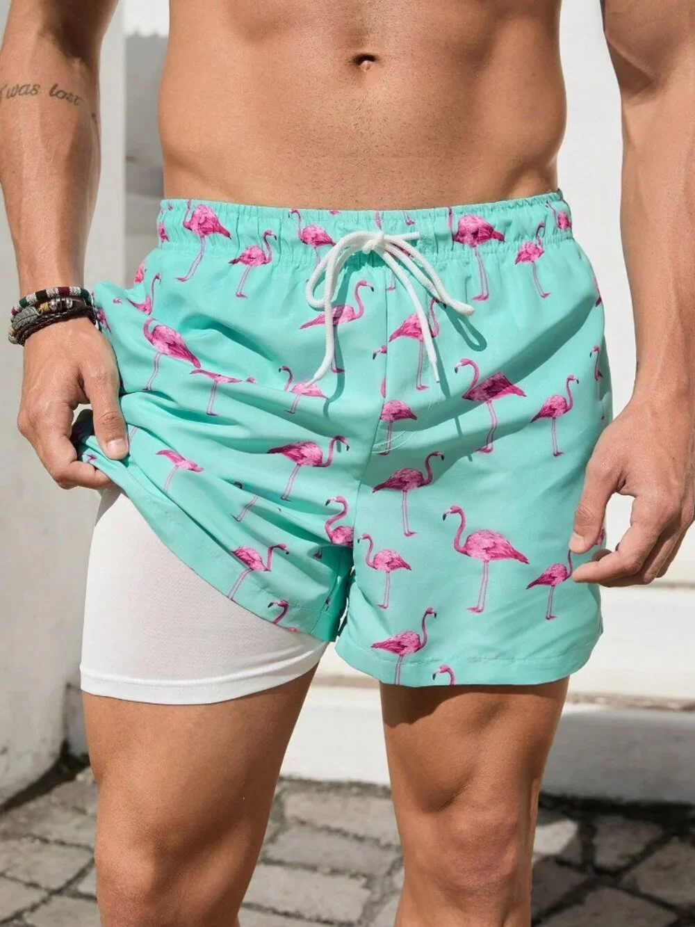 mint Green Casual Men's Swim Trunks Drawstring Stretch Flamingo Print